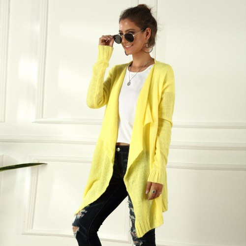 Maternity Women's Sweater New Fashion Spring/Autumn V-neck Cardigan Solid Color Irregular Knitted Long Sleeves Yellow Cardigan