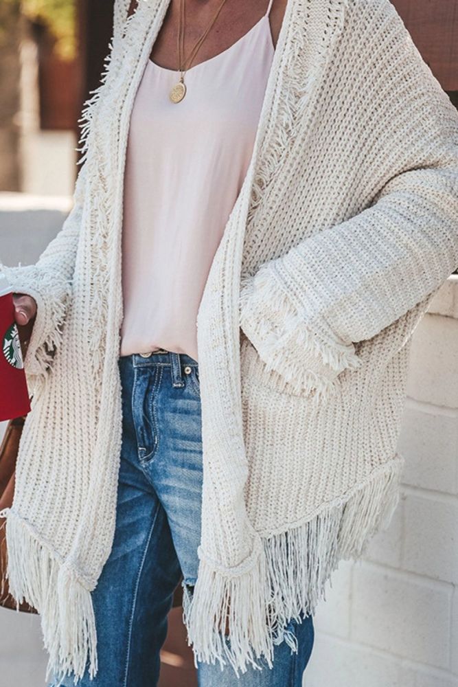 Maternity Autumn Winter White Cardigans Tops Women Casual Loose Long Sleeve Irregular Hem Tassel Cardigan Sweaters