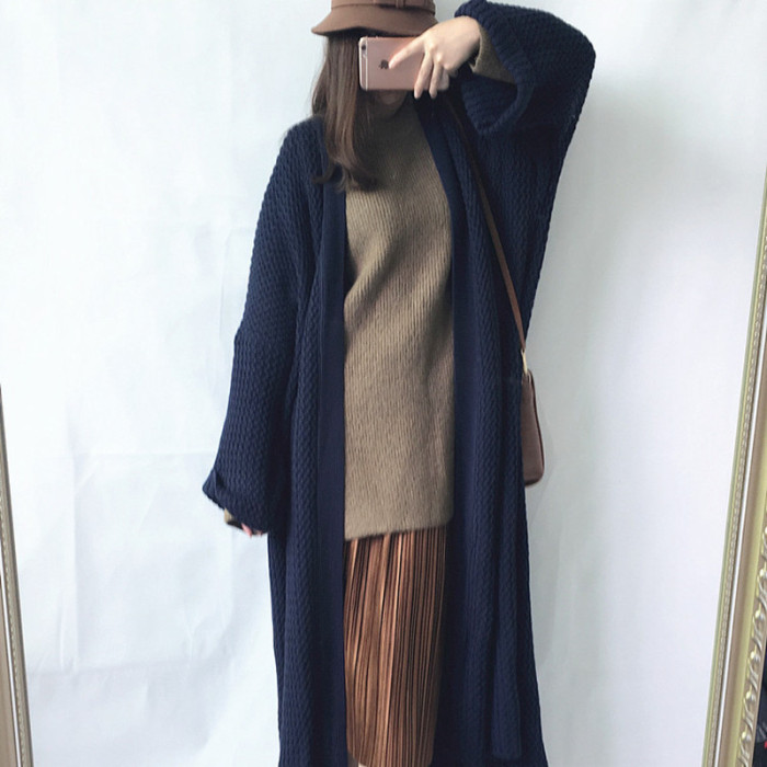 Autumn and Winter Loose Extra-Long Knitted Cardigan  Thick Plus Size Fluffy Sweaters Coat  Casual Buckle Over Knee Knitwear