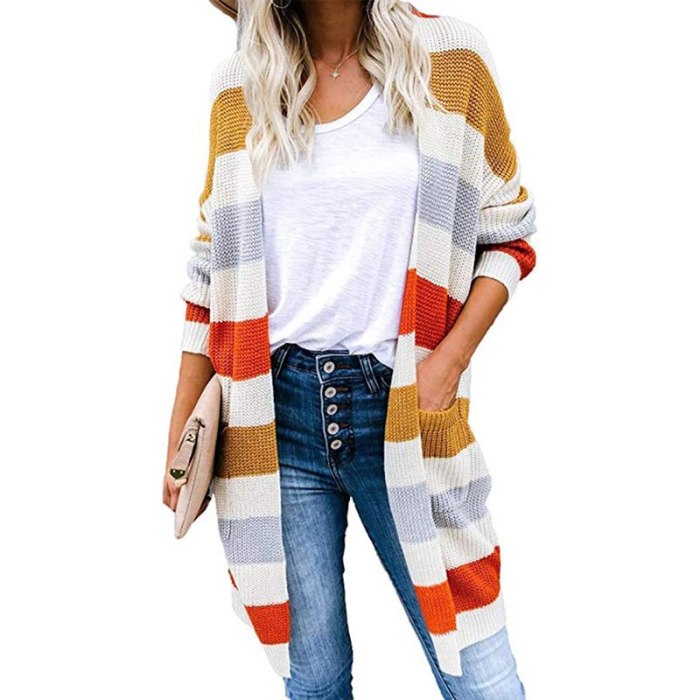 Women Spring Autumn Sweater 2021 Long Cardigan European Slim Pocket Loose Striped Patchwork Knit Sweater Outwear Plus Size Coats