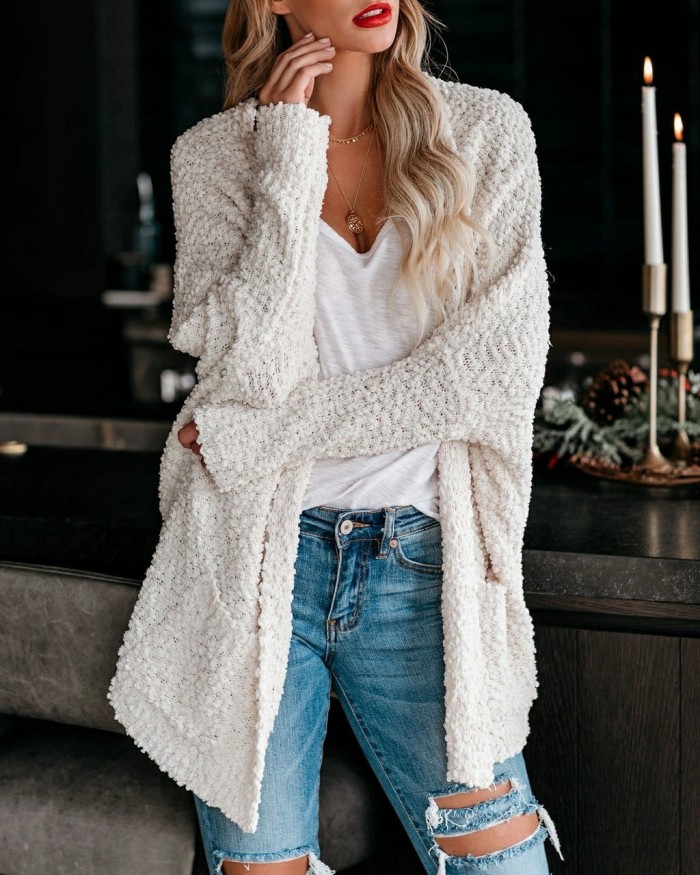 2021 Winter Women Cardigan Casual Loose Batwing Sleeve Solid Color Pockets Knitted Long Coat Fashion Slim Sweaters