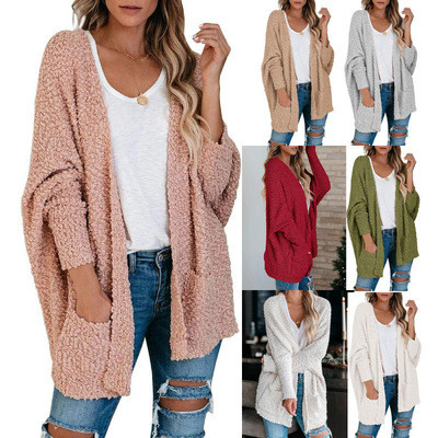 2021 Winter Women Cardigan Casual Loose Batwing Sleeve Solid Color Pockets Knitted Long Coat Fashion Slim Sweaters
