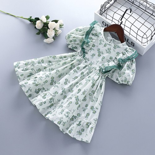3-7 Years High Quality Summer Girl Dress 2021 New Floral Cotton Solid Draped Ruched Kid Children Clothing Girl Princess Dresses