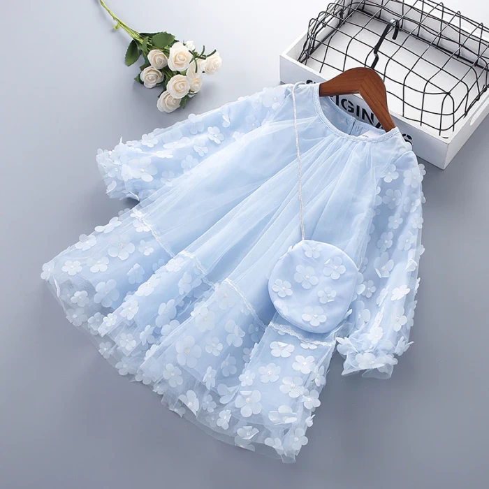 3-7 Years High Quality Spring Girl Dress 2021 New Chiffon Flower Ruched Kid Children Clothing Girl Princess Dress with bags