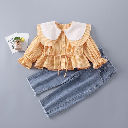 2-7 Years High Quality Spring Girl Clothing Set 2021 New Fashion Casual Plaid Shirt + Jeans Kid Children Girls Clothing