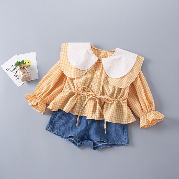 2-7 Years High Quality Spring Girl Clothing Set 2021 New Fashion Casual Plaid Shirt + short Jeans Kid Children Girls Clothing