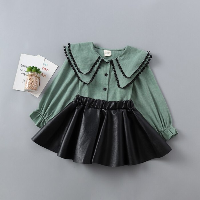 2-7 years high quality girl clothing set 2021 new spring autumn fashion solid shirt + leather pant kid children girls clothing