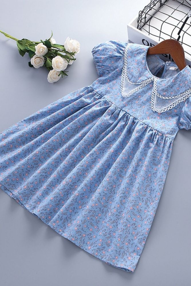Summer Dress Puff-Sleeve Lapel Collar Floral Printed Princess Dresses New Fashion Kids Clothes Girls Dress 4-7 Years