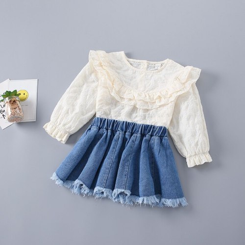 2-7 Years High Quality Spring Girl Clothing Set 2021 New Fashion Plaid Solid Shirt + Denim Skirt Kid Children Girls Clothing