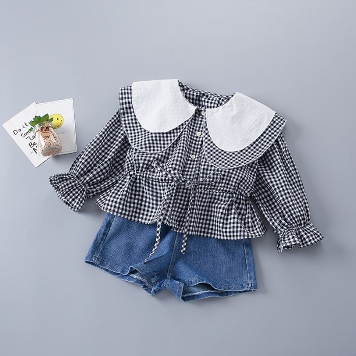 2-7 Years High Quality Spring Girl Clothing Set 2021 New Fashion Casual Plaid Shirt + short Jeans Kid Children Girls Clothing