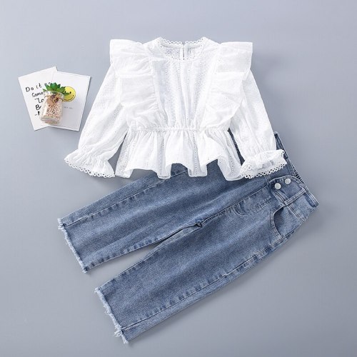 2-7 Years High Quality Spring Girl Clothing Set 2021 New Fashion White Solid Shirt + Jeans Kid Children Girls Clothes