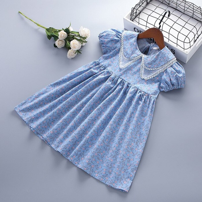 Summer Dress Puff-Sleeve Lapel Collar Floral Printed Princess Dresses New Fashion Kids Clothes Girls Dress 4-7 Years
