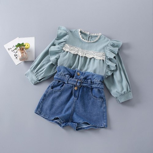 2-7 Years High Quality Spring Girl Clothing Set 2021 New Fashion Casual Lace Shirt + short Jeans Kid Children Girls Clothing