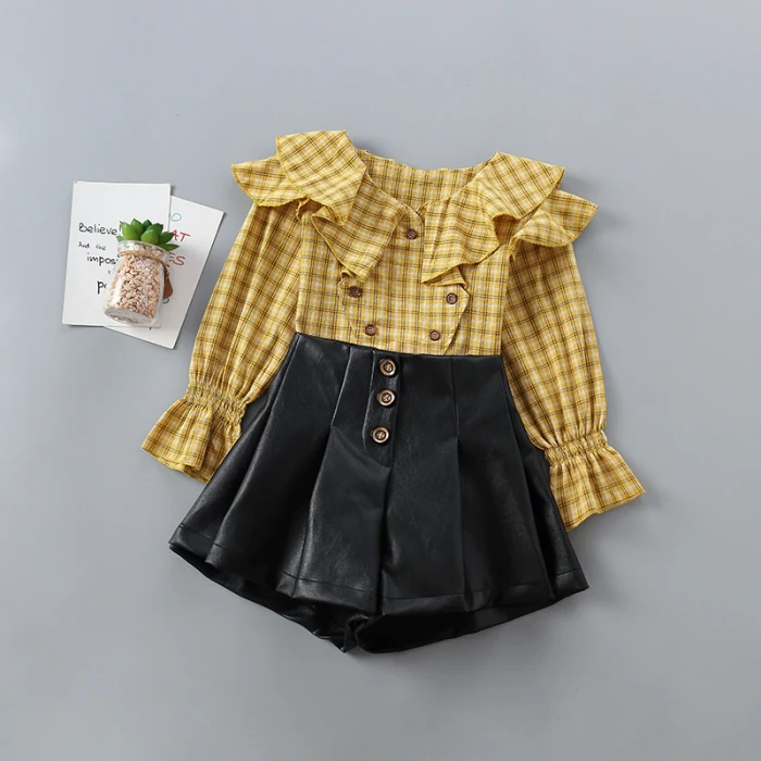 2-7 years high quality girl clothing set 2021 new spring autumn fashion solid shirt + leather pant kid children girls clothing