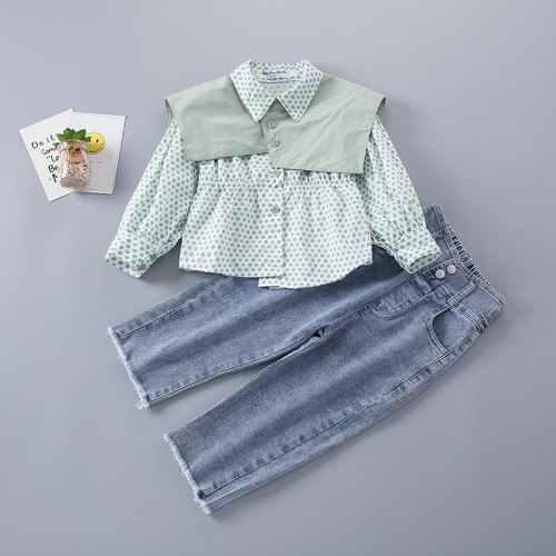 2-7 Years High Quality Spring Girl Clothing Set 2021 New Fashion Casual Dot Shirt + Jeans Kid Children Girls Clothing