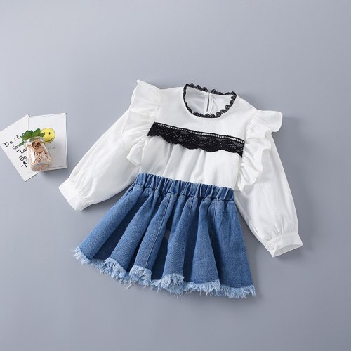 2-7 Years High Quality Spring Girl Clothing Set 2021 New Fashion Casual Lace Shirt + Denim Skirt Kid Children Girls Clothing