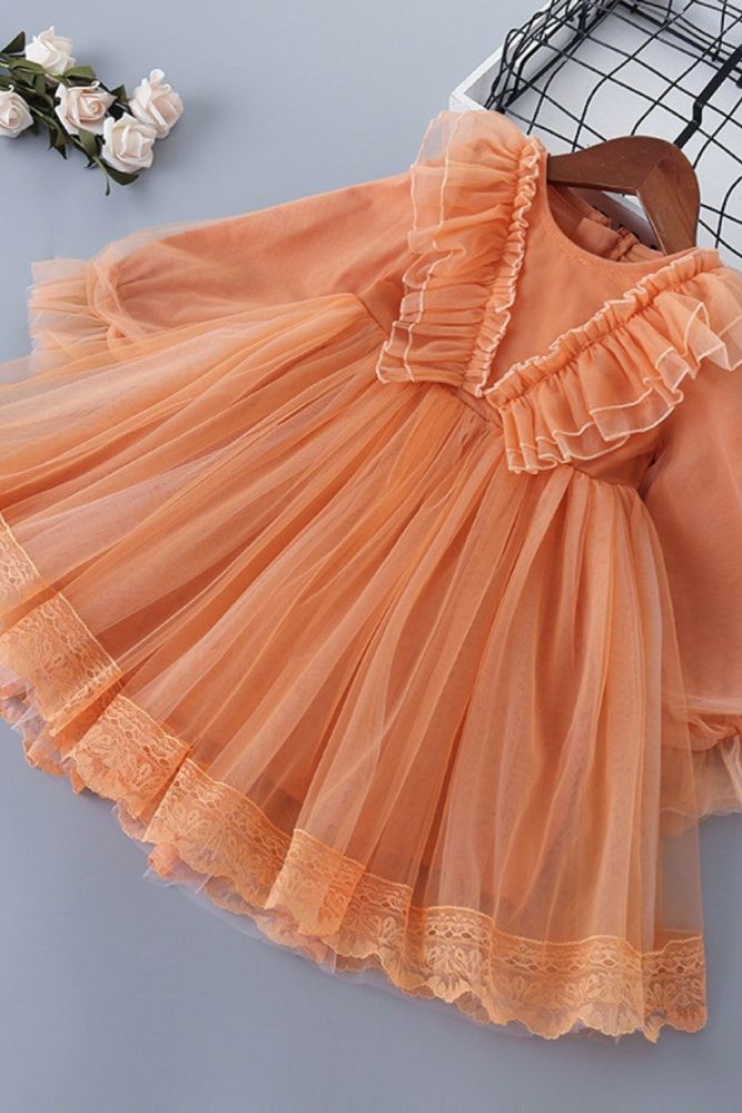 3-7 Years High Quality Spring Girl Dress 2021 New Lace Chiffon Flower Draped Ruched Kid Children Clothing Girl Princess Dress