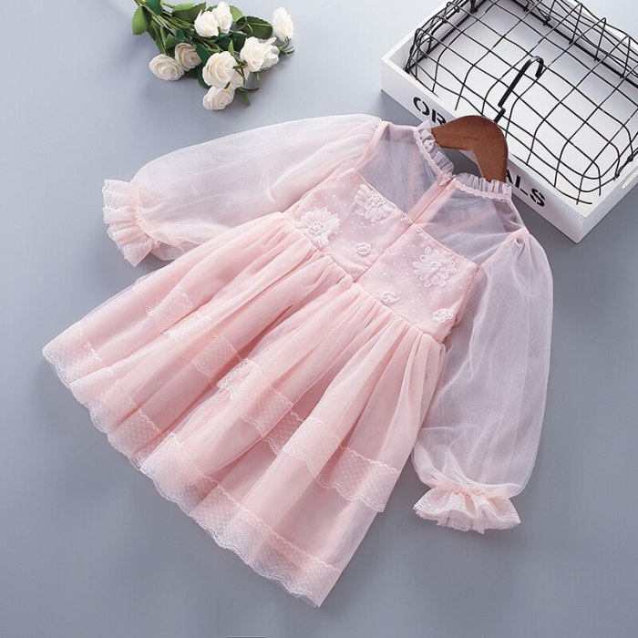 3-7 Years High Quality Spring Girl Dress 2021 New Chiffon Flower Draped Ruched Kid Children Clothing Girl Princess Dress