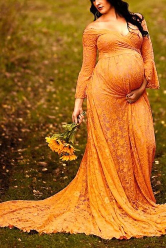 Lace High Waist Pregnancy Dresses Good Texture Photography Props Off-Shoulder Maternity Gowns For Photo Shoot Floral Side Collar
