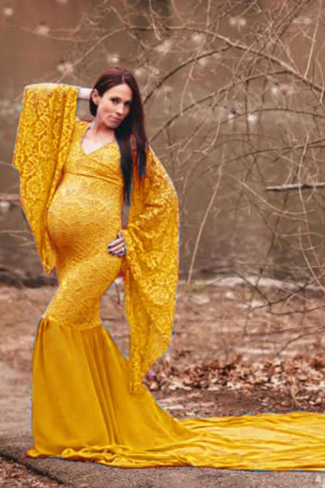 Fashion Maternity Dress for Photo Shoot Maxi Maternity Gown Long Sleeves Lace Stitching Fancy Women Maternity Photography Props