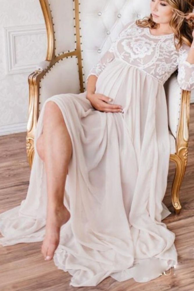 Lace Maternity Maxi Gowns Dresses for Photo Shoot Long Sleeve Chiffon Pregnant Women Baby Shower Pregnancy Dress Photography