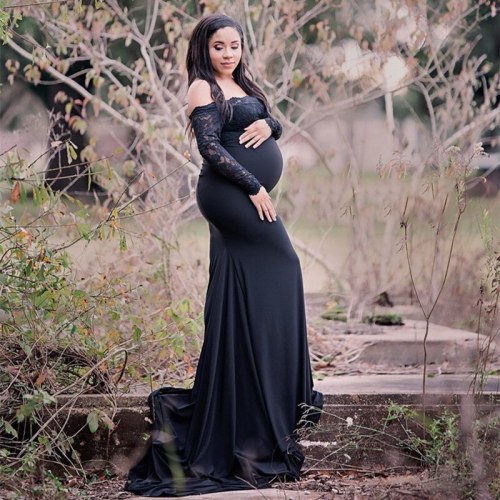 Slash Neck Maternity Maxi Dress Stretchy Cotton Baby Shower Long Dress Pregnancy Photography Bodycon Dress