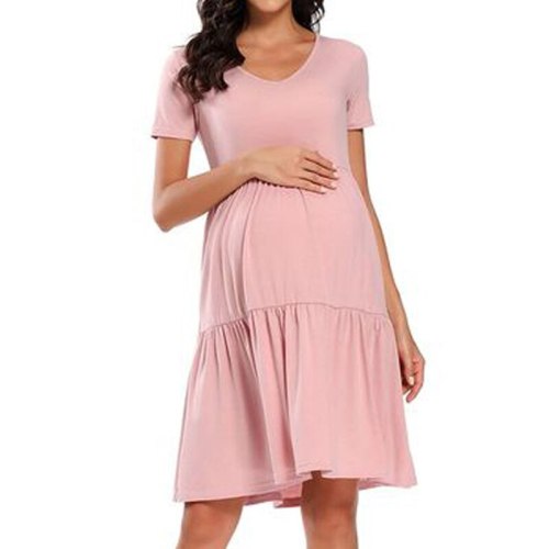 2021 Summer Casual Dress High Waist Pleated Women Short Sleeve Maternity Dress V-Neck Elegant Tunic Dress Pregnancy Clothes