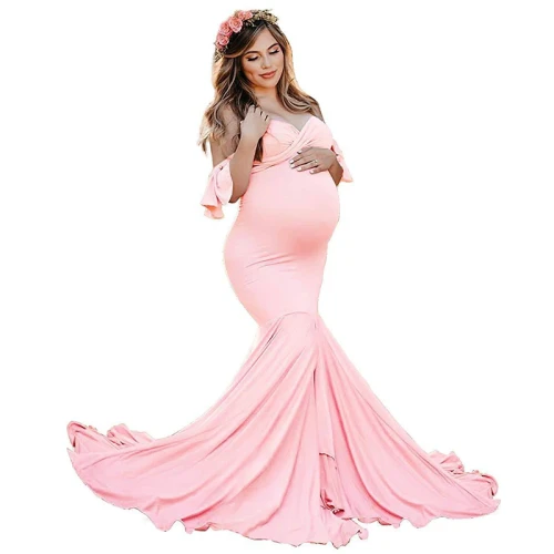2021 Elegant Ruffle Pregnancy Dress Cotton Long Maxi Maternity Dresses for Photo Shoot Women Sexy Pregnant Dress Photography