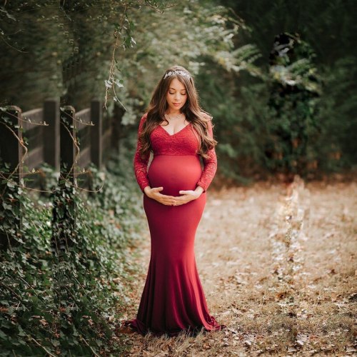 V-neck Stertchy Baby Shower Lace Dress Slash Neck Maternity Outfit Long Dress For Photography Pregnant Clothes