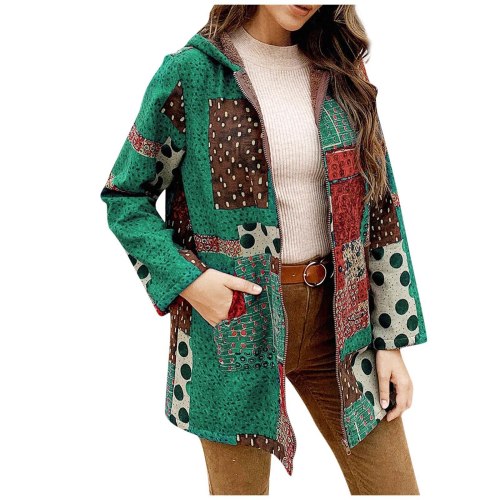 Jacket Women Fashion Plus Size Retro Printing Splicing Zipper Hood Cardigan Long Sleeves Coat Dropshipping