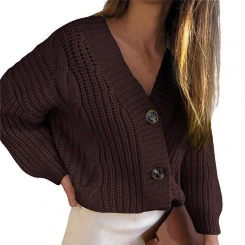 Women Fashion Casual lovelyShort Cardigan Twist Pattern V Neck Thick Thread Single-breasted Long Sleeve Sweater Streetwear Daily