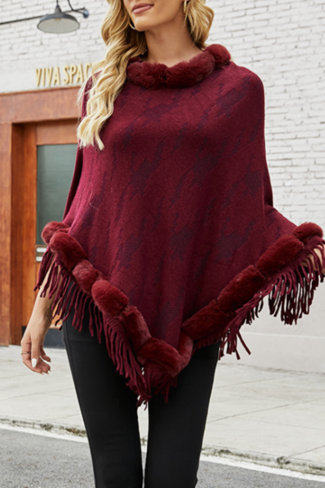 Womens Elegant Fur Knitted Shawl Poncho with Tassel Fringed Round Neck Loose Sweater Pullover Cape Gifts for Female Winter Coat