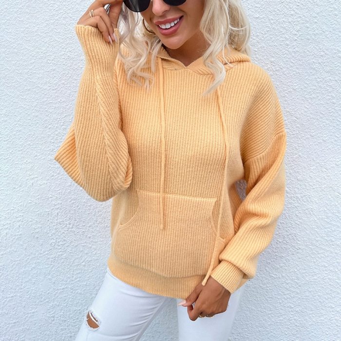 Street Warm soft Knit Casual Sweaters autumn winter new pullovers women's solid color hooded pocket knitted sweaters jacket