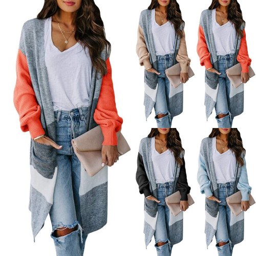 Contrasting Color Cardigan Sweater Women Irregular Color Matching Knitted Cardigan Autumn Winter New Long Lantern Sleeve