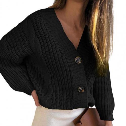 Women Fashion Casual lovelyShort Cardigan Twist Pattern V Neck Thick Thread Single-breasted Long Sleeve Sweater Streetwear Daily