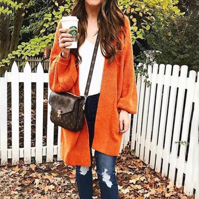 New Style Fashion Winter Knitted Sweater Cardigan For Womens Lantern Sleeve Warm With Two Pockets Mid-length Loose Outfits Coat