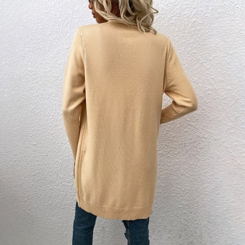 2021 Knitted V-neck Long Cardigan for Women  Autumn Winter Solid Women's Sweater Oversize Loose Casual Pocket Coat Apricot