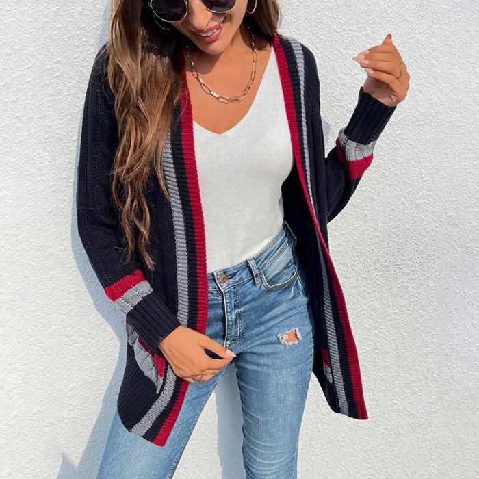 New Style Casual Strip Cardigan Women Autumn Long Sleeve Knitted Cardigans Office With Knitted Medium Length Coat