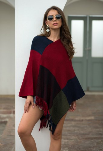 Women Plus Size Ponchos and Capes Color Block Stripes Tassel Knitted Shawl Cloak Female Casual V-neck Oversized Cardigan Poncho