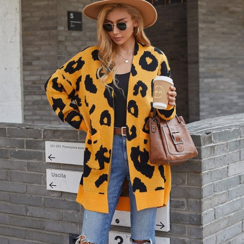 Sexy Leopard Print Women Cardigan  2021 Fall/Winter New Long Long Sleeve Pocket  Knitted Cardigan Multicolor Sweater