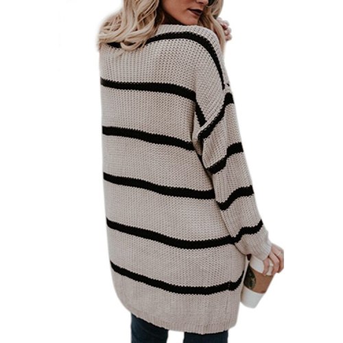 2021 Autumn And Winter New Style Hot Selling European And American-Style Mid-length Striped Color Panel Knit Cardigan Sweater
