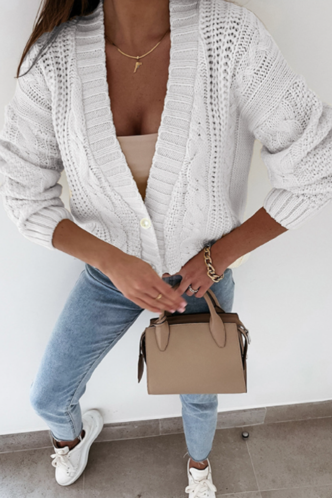 Knitted Sweater Womens Autumn Winter 2021 New Thick Thread Twist Button Cardigan Sweater Long Sleeve Solid White Ladies Tops
