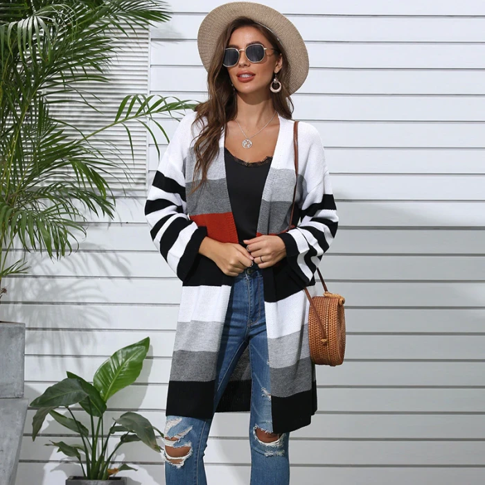 Autumn Winter Fashion Long Striped Knitted Cardigans Sweater Women 2021 New V-neck Casual Long Sleeve Sweater Coat