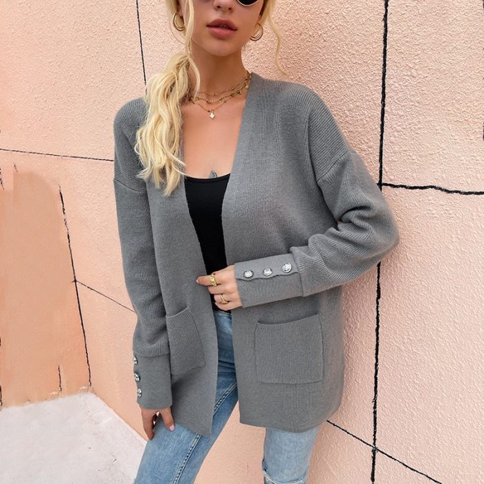 2021 Autumn new drop shoulders casual sweater Coat women's cardigans Winter solid v neck long knitted Button cardigan tops