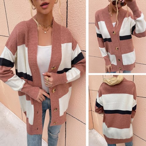 Hot Sale Autumn and Winter Fashion Striped Color Matching Button Sweater Women's European and American Cardigan New Coat
