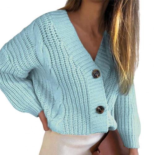 Women Fashion Casual lovelyShort Cardigan Twist Pattern V Neck Thick Thread Single-breasted Long Sleeve Sweater Streetwear Daily