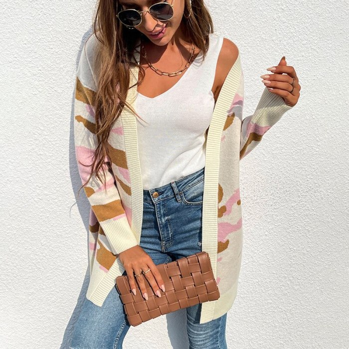 Women Autumn Sweater Camouflage Printed Patchwork V Neck Long Sleeve Long Loose Open Stitch Lady Tops One Piece Casual Fahshion
