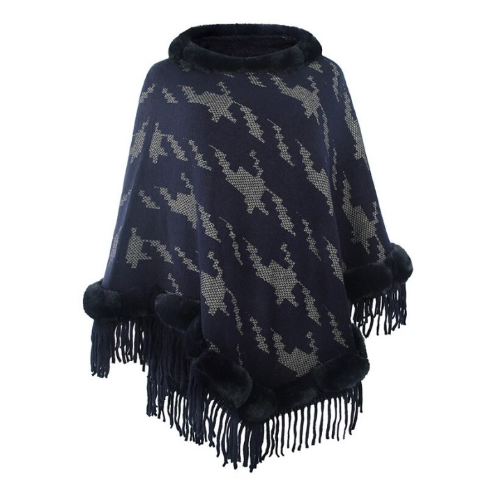 Womens Elegant Fur Knitted Shawl Poncho with Tassel Fringed Round Neck Loose Sweater Pullover Cape Gifts for Female Winter Coat