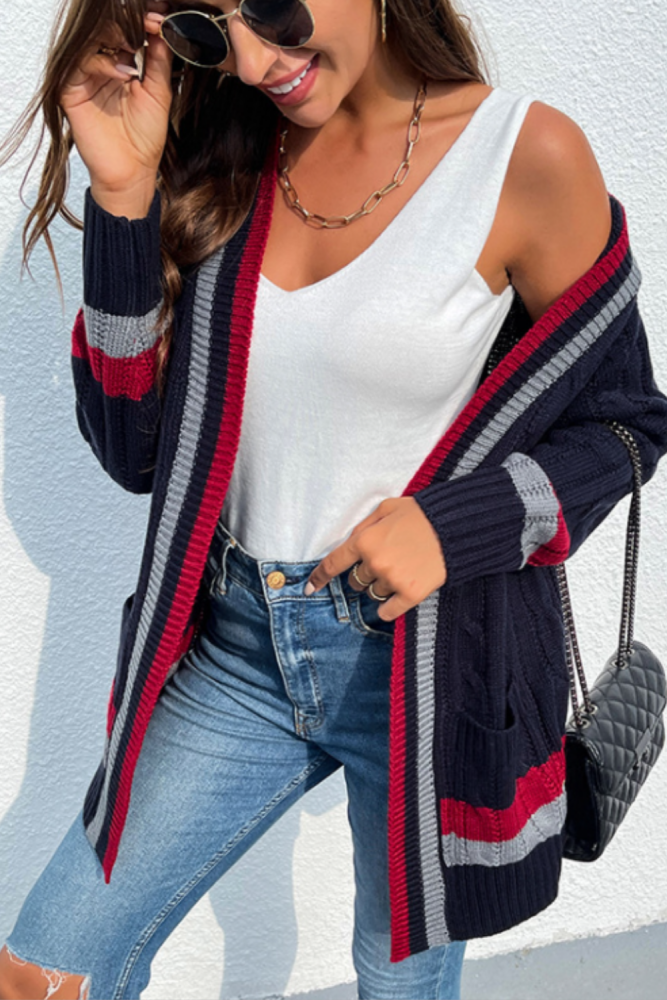 New Style Casual Strip Cardigan Women Autumn Long Sleeve Knitted Cardigans Office With Knitted Medium Length Coat