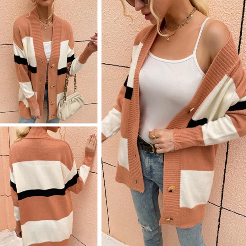 Hot Sale Autumn and Winter Fashion Striped Color Matching Button Sweater Women's European and American Cardigan New Coat